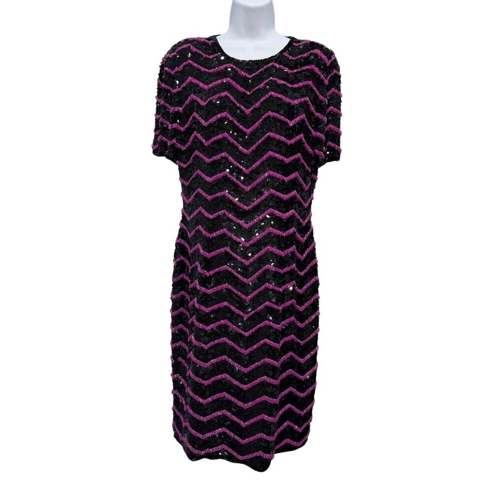 VTG 80s Glam Joan Leslie Black Silk‎ Pink Chevron Sequin Dress Cocktail Size S?